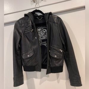 Guess black lambskin leather jacked fully lined hooded zipper pockets warm